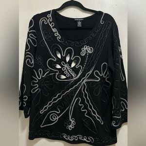 Lauren Michelle Black Silver Floral Applique Top Blouse Sz XL